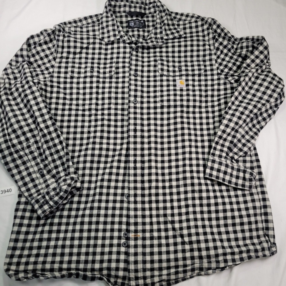 Carhartt XL Tall Loose Fit Black White Gingham Flannel Shirt Men Workwear Rugged